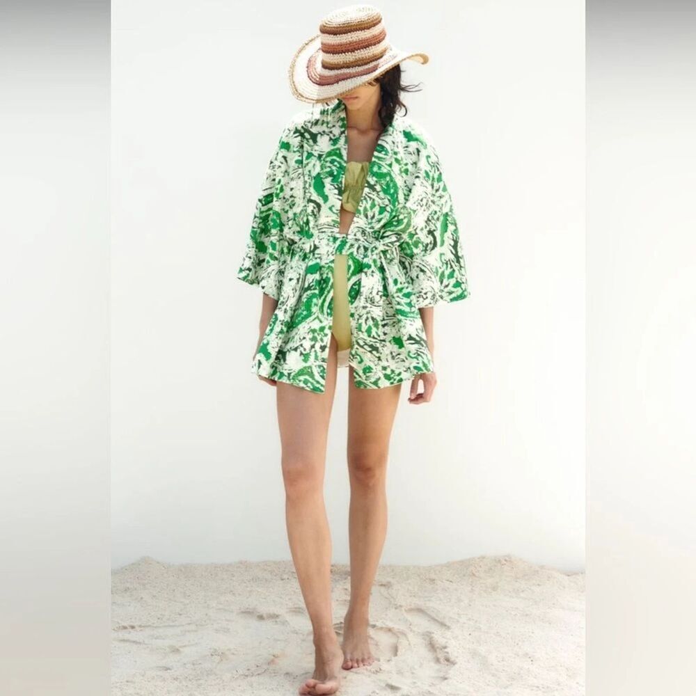 Zara Green White Black Print Linen Blend Bubble Sleeve Tie Front Kimono sz Large - Picture 1 of 8